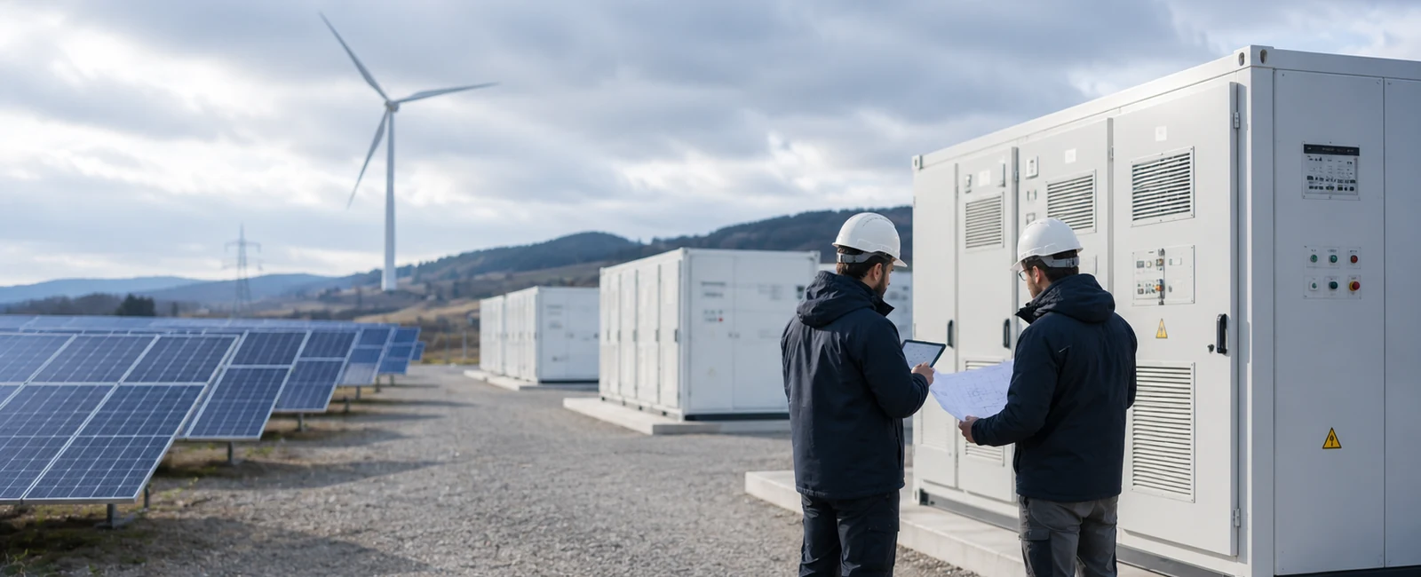 Engineers reviewing an energy storage project site with battery equipment, solar panels and wind generation infrastructure.