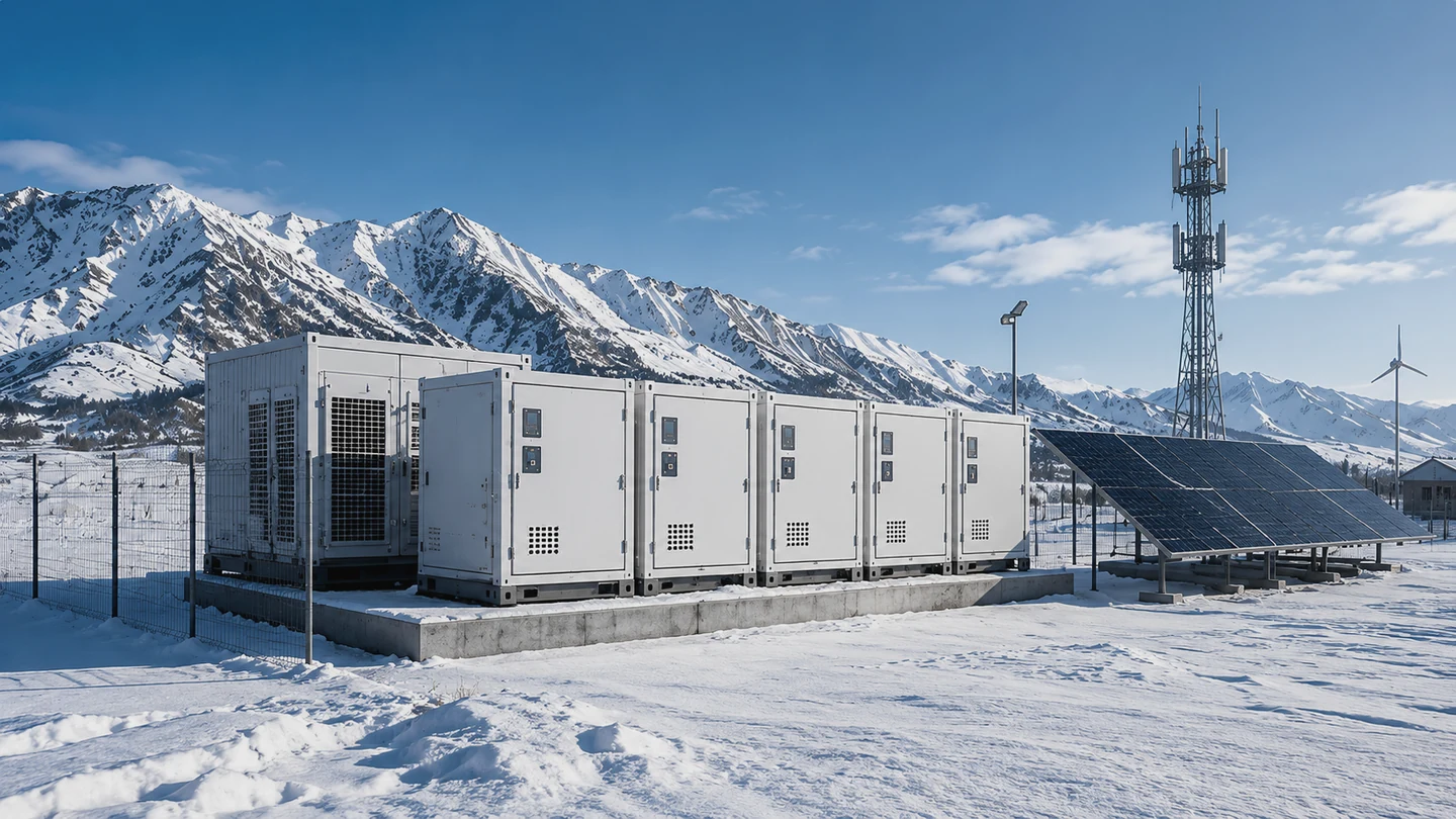Illustrative cold-climate stationary energy storage site alongside solar generation and communication infrastructure.